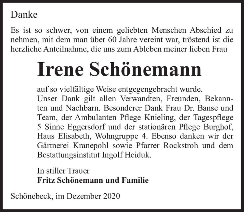  Traueranzeige für Irene Schönemann  vom 23.12.2020 aus Magdeburger Volksstimme