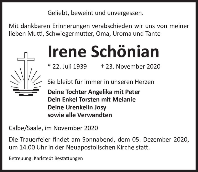  Traueranzeige für Irene Schönian  vom 28.11.2020 aus Magdeburger Volksstimme