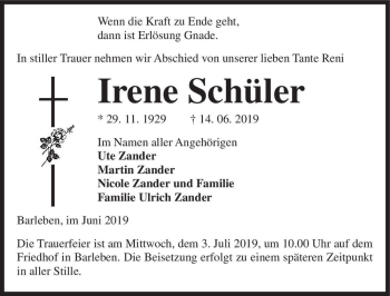 Traueranzeige von Irene Schüler  von Magdeburger Volksstimme