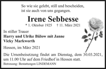 Traueranzeige von Irene Sebbesse  von Magdeburger Volksstimme