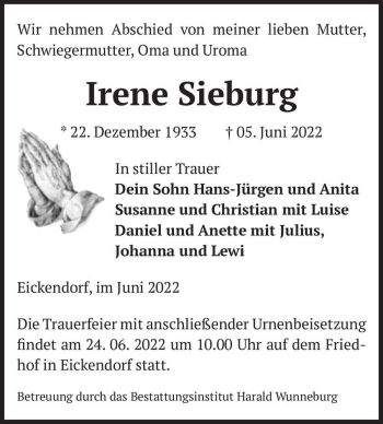 Traueranzeige von Irene Sieburg  von Magdeburger Volksstimme