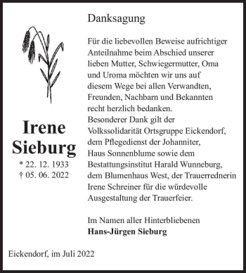 Traueranzeige von Irene Sieburg  von Magdeburger Volksstimme