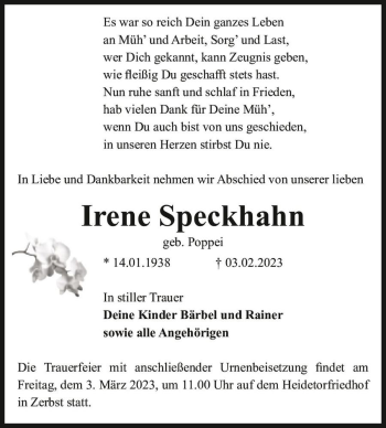 Traueranzeige von Irene Speckhahn (geb. Poppei)  von Magdeburger Volksstimme