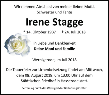Traueranzeige von Irene Stagge  von Magdeburger Volksstimme
