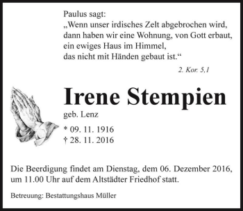Traueranzeige von Irene Stempien (geb. Lenz)  von Magdeburger Volksstimme
