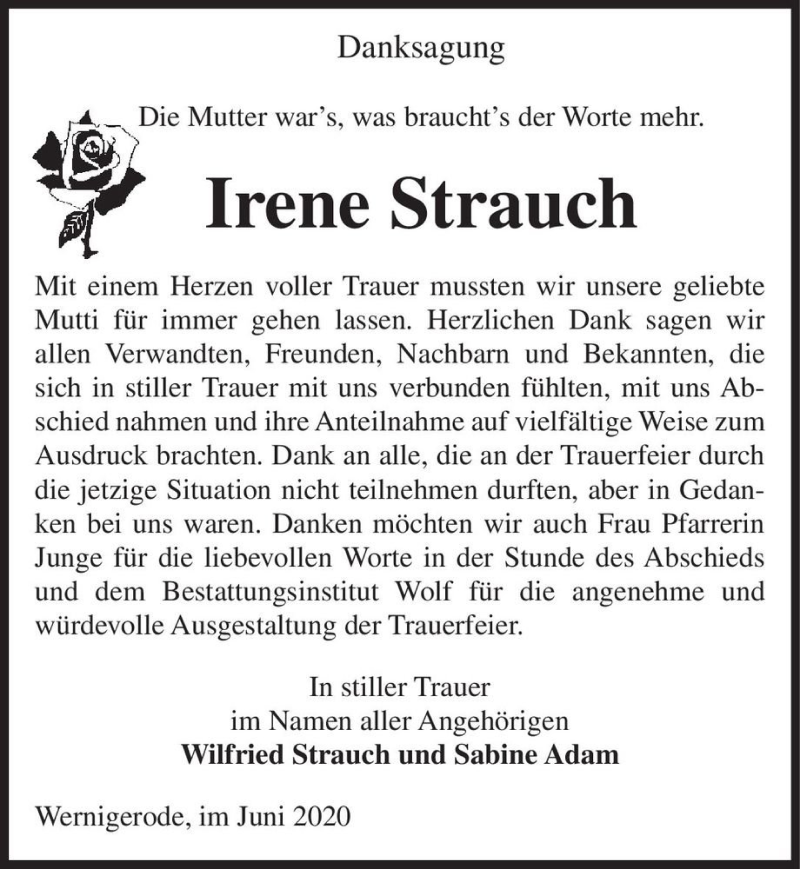  Traueranzeige für Irene Strauch  vom 11.07.2020 aus Magdeburger Volksstimme