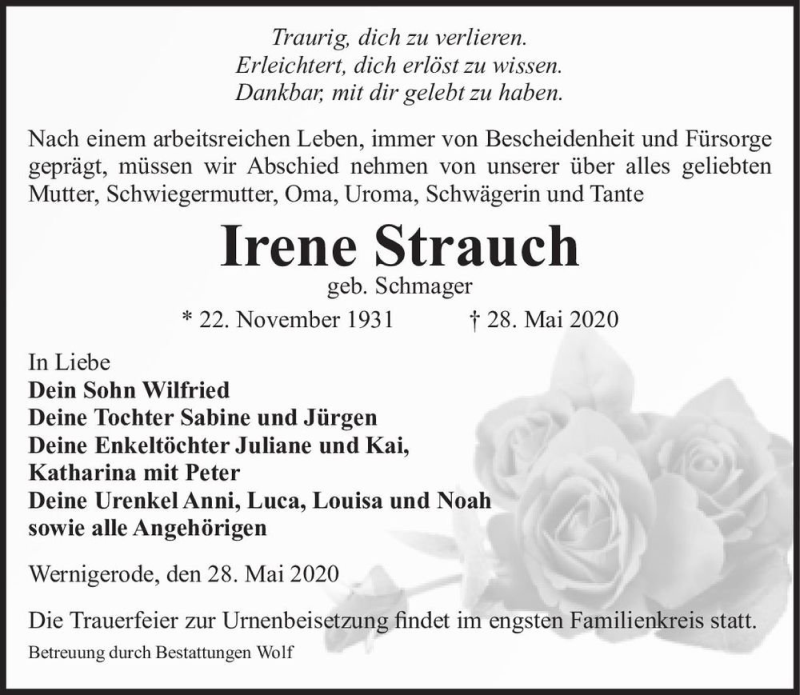  Traueranzeige für Irene Strauch (geb. Schmager)  vom 06.06.2020 aus Magdeburger Volksstimme