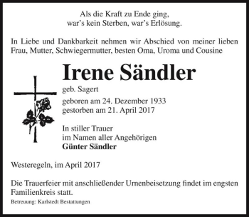 Traueranzeige von Irene Sändler (geb. Sagert)  von Magdeburger Volksstimme