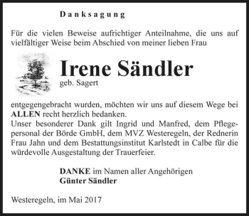 Traueranzeige von Irene Sändler (geb. Sagert)  von Magdeburger Volksstimme