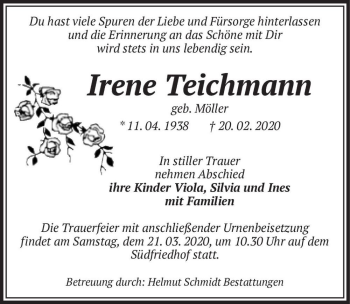 Traueranzeige von Irene Teichmann (geb. Möller)  von Magdeburger Volksstimme