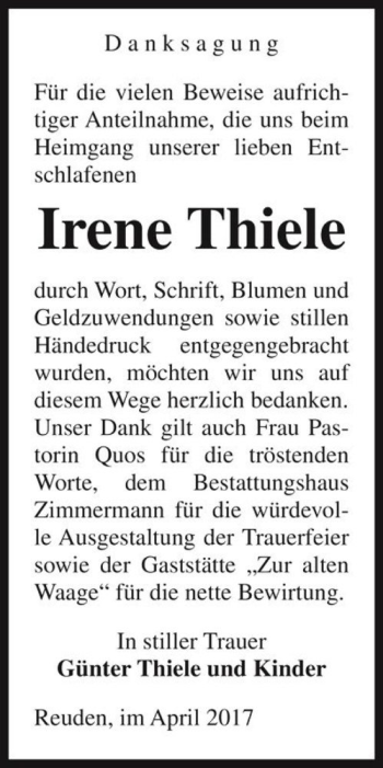 Traueranzeige von Irene Thiele  von Magdeburger Volksstimme
