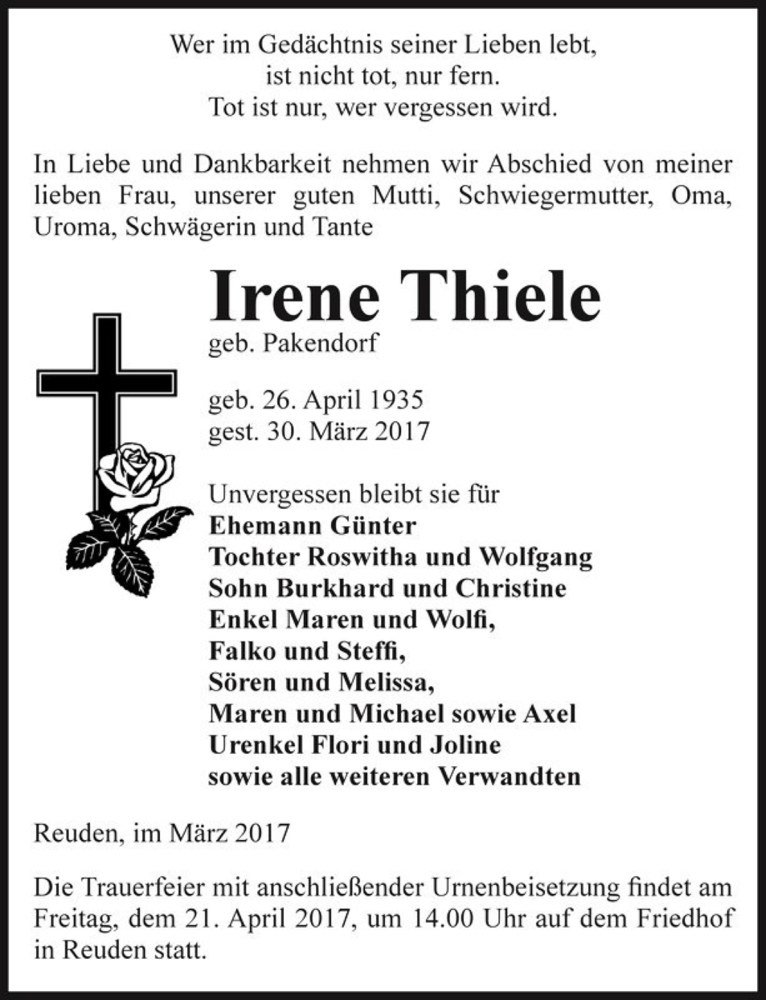  Traueranzeige für Irene Thiele (geb. Pakendorf)  vom 01.04.2017 aus Magdeburger Volksstimme