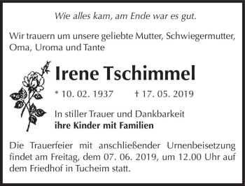 Traueranzeige von Irene Tschimmel  von Magdeburger Volksstimme