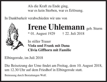 Traueranzeige von Irene Uhlemann (geb. Sturm)  von Magdeburger Volksstimme