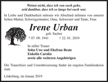 Traueranzeige von Irene Urban (geb. Sacher)  von Magdeburger Volksstimme