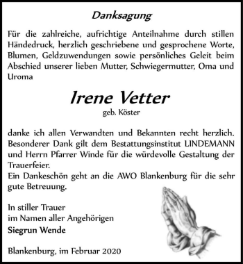 Traueranzeige von Irene Vetter (geb. Köster)  von Magdeburger Volksstimme
