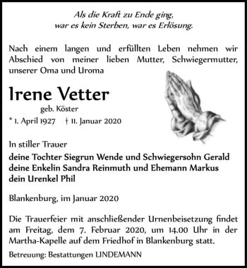 Traueranzeige von Irene Vetter (geb. Köster)  von Magdeburger Volksstimme