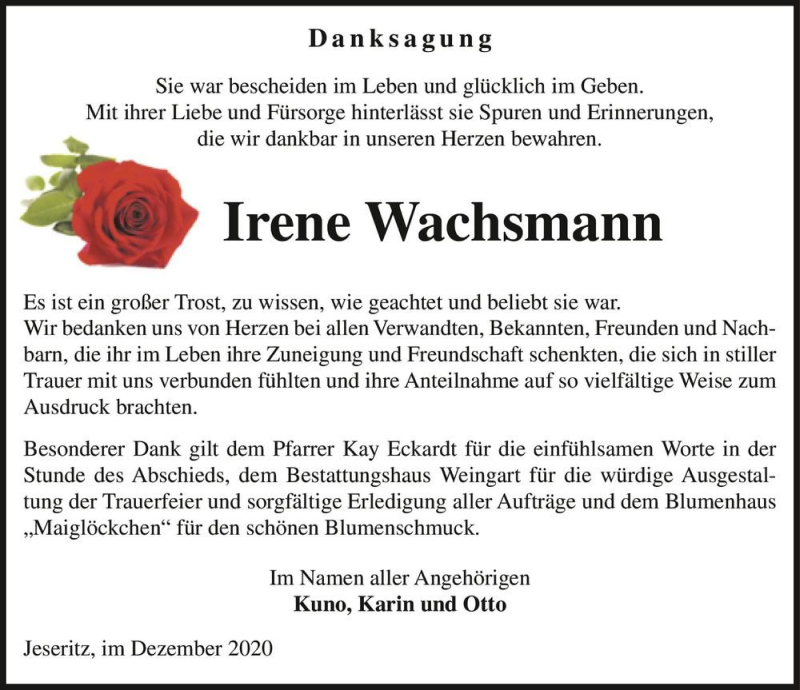  Traueranzeige für Irene Wachsmann  vom 29.12.2020 aus Magdeburger Volksstimme