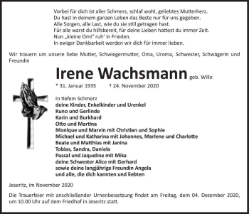 Traueranzeige von Irene Wachsmann (geb. Wille)  von Magdeburger Volksstimme