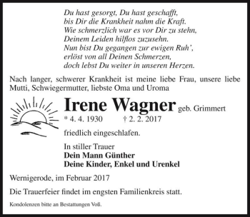 Traueranzeige von Irene Wagner (geb. Grimmert)  von Magdeburger Volksstimme