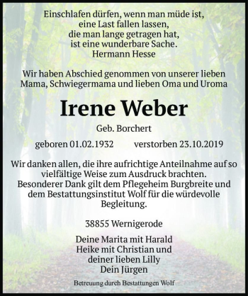 Traueranzeige von Irene Weber (geb. Borchert)  von Magdeburger Volksstimme