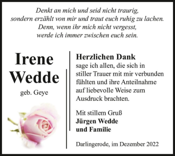 Traueranzeige von Irene Wedde (geb. Geye)  von Magdeburger Volksstimme