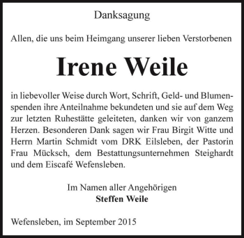 Traueranzeige von Irene Weile  von Magdeburger Volksstimme
