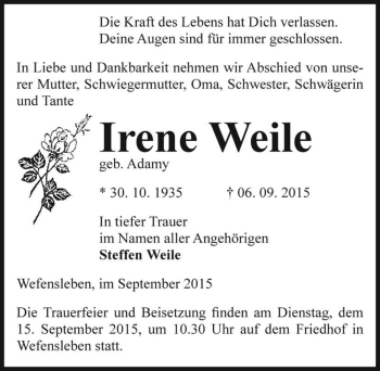 Traueranzeige von Irene Weile (geb. Adamy)  von Magdeburger Volksstimme