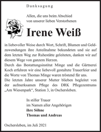 Traueranzeige von Irene Weiß  von Magdeburger Volksstimme
