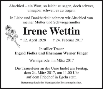 Traueranzeige von Irene Wettin  von Magdeburger Volksstimme