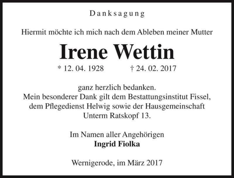  Traueranzeige für Irene Wettin  vom 01.04.2017 aus Magdeburger Volksstimme