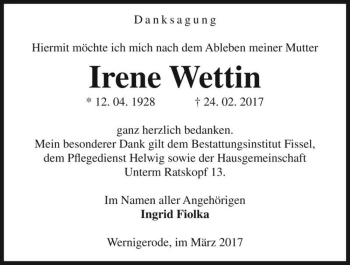 Traueranzeige von Irene Wettin  von Magdeburger Volksstimme