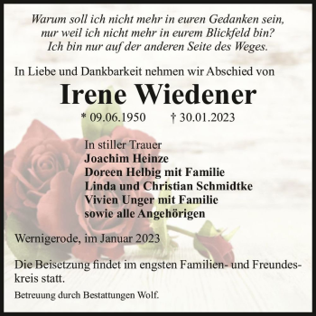 Traueranzeige von Irene Wiedener  von Magdeburger Volksstimme