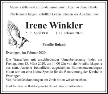 Traueranzeige von Irene Winkler  von Magdeburger Volksstimme