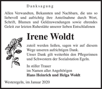 Traueranzeige von Irene Woldt  von Magdeburger Volksstimme