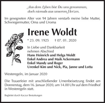 Traueranzeige von Irene Woldt  von Magdeburger Volksstimme