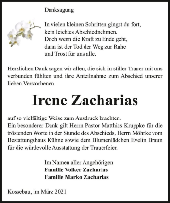 Traueranzeige von Irene Zacharias  von Magdeburger Volksstimme