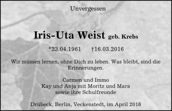 Traueranzeige von Iris-Uta Weist (geb. Krebs)  von Magdeburger Volksstimme