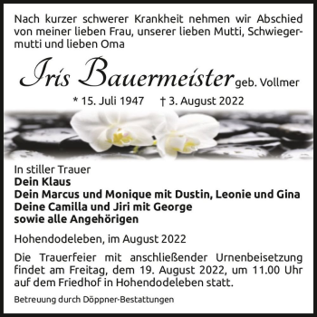 Traueranzeige von Iris Bauermeister (geb. Vollmer)  von Magdeburger Volksstimme
