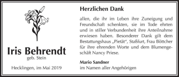 Traueranzeige von Iris Behrendt (geb. Stein)  von Magdeburger Volksstimme