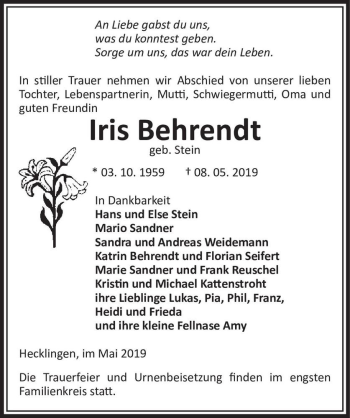 Traueranzeige von Iris Behrendt (geb. Stein)  von Magdeburger Volksstimme