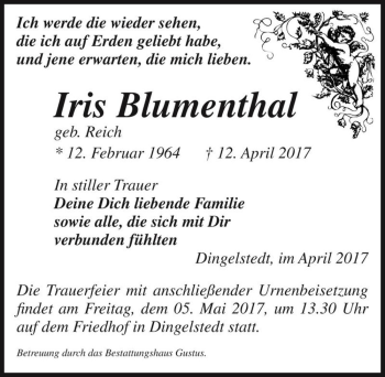 Traueranzeige von Iris Blumenthal (geb. Reich)  von Magdeburger Volksstimme