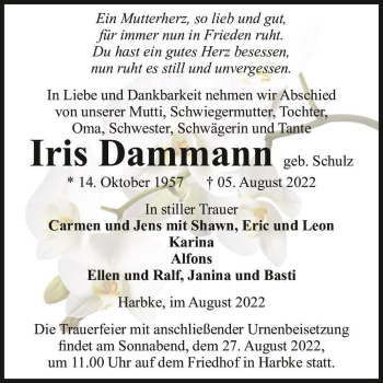 Traueranzeige von Iris Dammann (geb. Schulz)  von Magdeburger Volksstimme