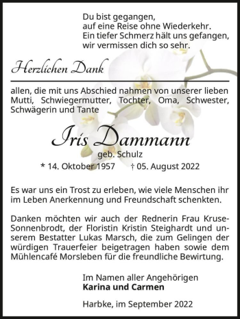 Traueranzeige von Iris Dammann (geb. Schulz)  von Magdeburger Volksstimme