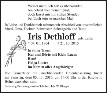 Traueranzeige von Iris Dethloff (geb. Lutter)  von Magdeburger Volksstimme