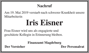 Traueranzeige von Iris Eisner  von Magdeburger Volksstimme