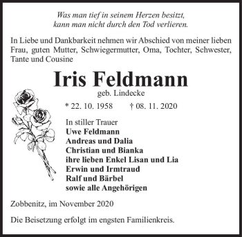 Traueranzeige von Iris Feldmann (geb. Lindecke)  von Magdeburger Volksstimme
