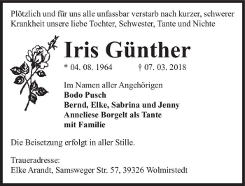 Traueranzeige von Iris Günther  von Magdeburger Volksstimme