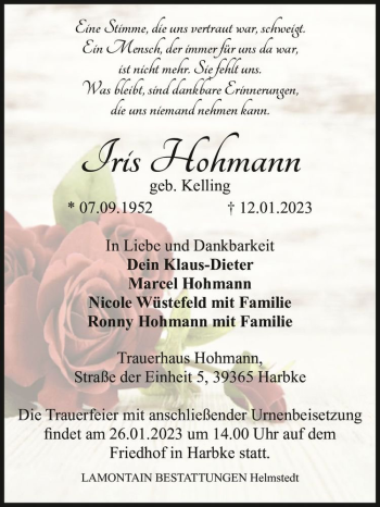 Traueranzeige von Iris Hohmann (geb. Kelling)  von Magdeburger Volksstimme
