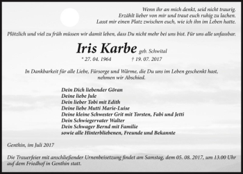Traueranzeige von Iris Karbe (geb. Schwital)  von Magdeburger Volksstimme